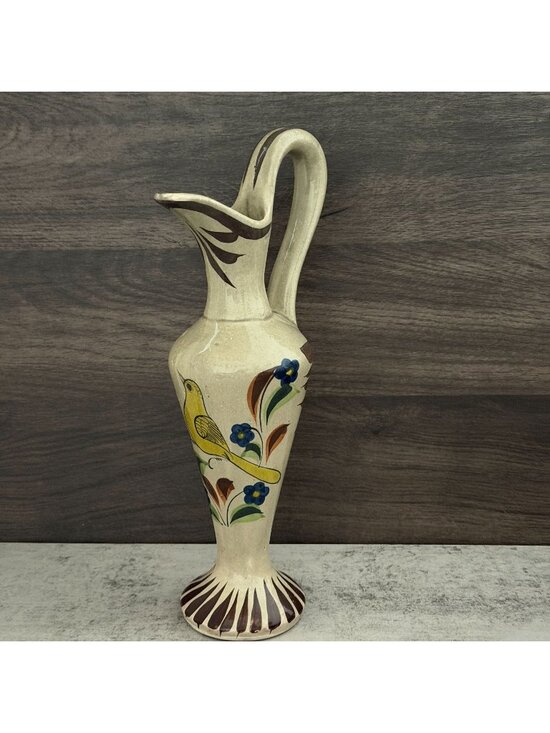 Tonala Other - Vintage Tonala Mexico Hand Painted Yellow Bird Handled Ewer Pitcher Ceramic 12"